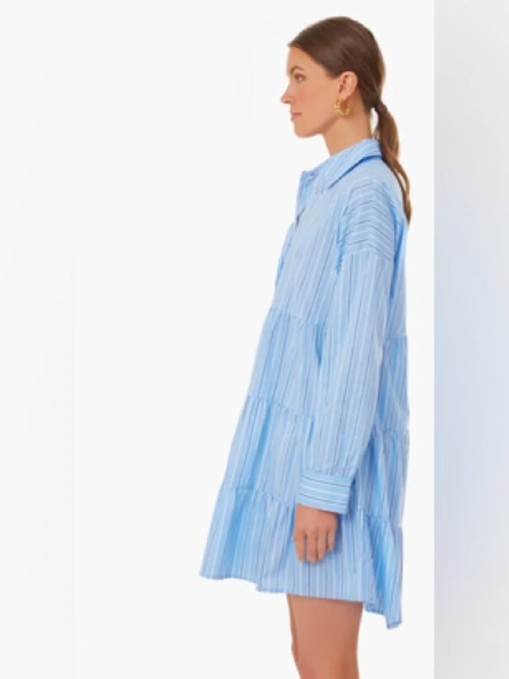 Tuckernuck Pomander Place Shades of Blue Stripe Cara Tiered Shirt Dress LARGE - Picture 7 of 7